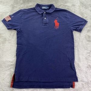 Ralph Lauren Polo Shirt Mens Medium Blue Golf Rugby Big Pony USA Flag Classic